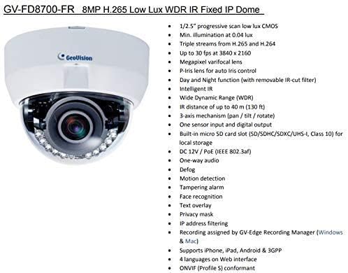 GEOVISION GV-FD8700-FR 8MP Low Lux WDR Face Recognition IR Network Dome Camera with 3.3~12mm varifocal Lens, RJ45 Connection