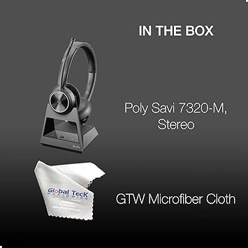 Poly Savi 7320 Wireless Stereo Office Headset System Bundle - Noise-Canceling Microphone, 13 Hour Talk Time, Teams Version, Enhanced Security, Laptop, Mac, Desk Phones Compatible, GTW Microfiber Cloth