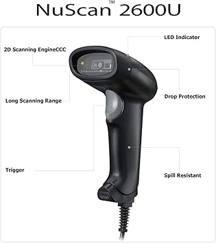 Adesso NuScan 2600U 1D 2D Wired Barcode Scanner with Handheld Bar Code Reader Plug and Play, for Warehouse, Library, Supermarket