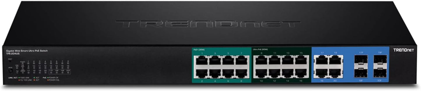 TRENDnet 20-Port Gigabit Web Smart Ultra PoE Switch with 8 x Gigabit UPoE Ports, 8 x Gigabit PoE+ Ports 4 Shared Gigabit Ports (RJ-45 or SFP), VLAN, QoS, IPv6 Support, 370W PoE Power Budget, TPE-204US