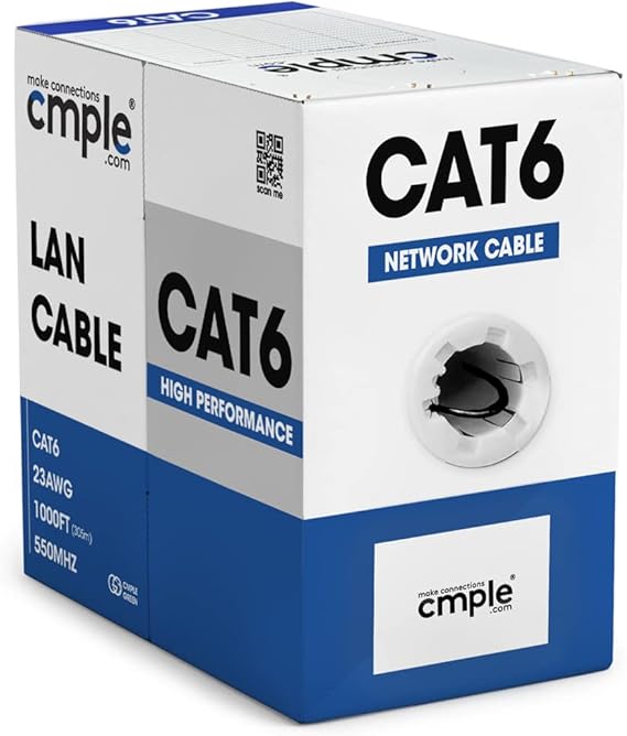 Cmple - Cat6 Network (UTP), 23AWG Bulk LAN Ethernet Cable, CMR, Support 10 Gbps - 550 MHz, 1000 Feet, Black