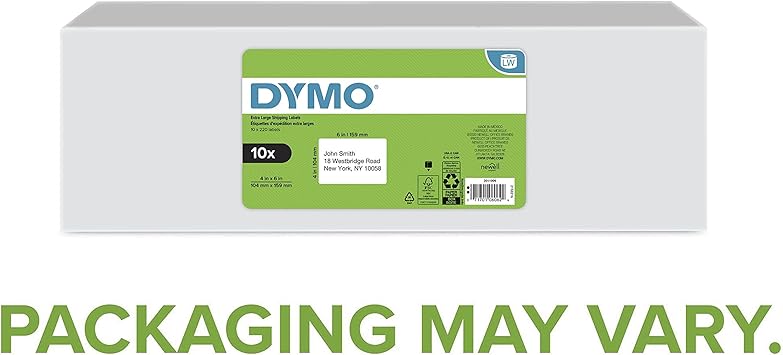 DYMO LW Extra-Large Shipping Labels for LabelWriter Label Printers, White, 4'' x 6'', 10 Rolls of 220 (2011999)