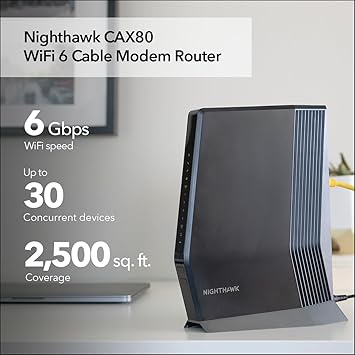 NETGEAR Nighthawk Cable Modem with Built-in WiFi 6 Router (CAX80) - Compatible All Major Providers incl. Xfinity, Spectrum, Cox | Plans Up to 6Gbps AX6000 Speed DOCSIS 3.1, Black