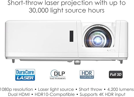 Optoma GT1090HDR Short Throw Laser Home Theater Projector | 4K HDR Input | Lamp-Free Reliable Operation 30,000 hours | Bright 4,200 lumens for Day and Night | Short Throw