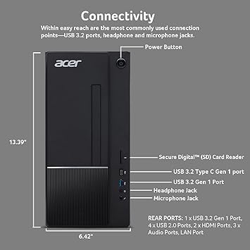 Acer Aspire TC-1770-UR11 Desktop | 13th Gen Intel Core i5-13400 10-Core Processor | 8GB 3200MHz DDR4 | 512GB M.2 2280 PCIe Gen 4 SSD | SD Card Reader | Intel Wi-Fi 6E AX211 | Windows 11 Home,Black