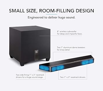 Definitive Technology Studio 3D Mini Sound Bar with 6 Speakers and an 8" Wireless Subwoofer, 3D Surround Sound, Dolby Atmos & DTS:X, Built-in HEOS, Amazon Alexa Compatible, 4K HDMI with eARC