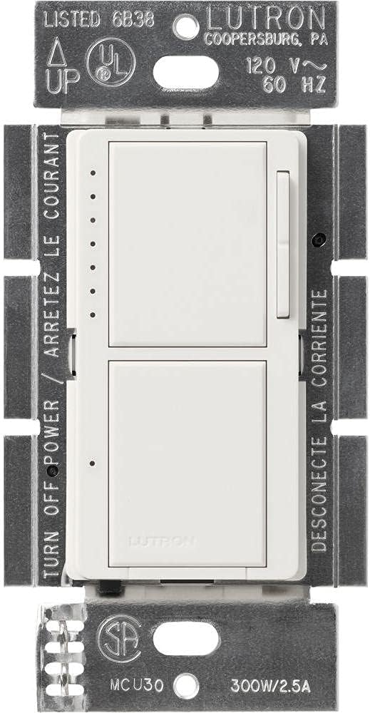 Lutron Maestro Dual Digital Dimmer and Switch, Only for Incandescent and Halogen Bulbs, 300-Watt Single Pole | MA-L3S25-WH | White