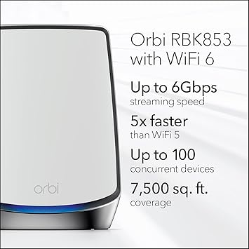 NETGEAR Orbi Whole Home Tri-Band Mesh Wi-Fi 6 System (RBK853) – Router with 2 Satellite Extenders, Coverage Up to 7,500 Square Feet, 100 Devices, AX6000 (Up to 6Gbps)