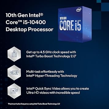 Intel Core i5-10400 Desktop Processor 6 Cores up to 4.3 GHz LGA1200 (Intel 400 Series Chipset) 65W, Model Number: BX8070110400