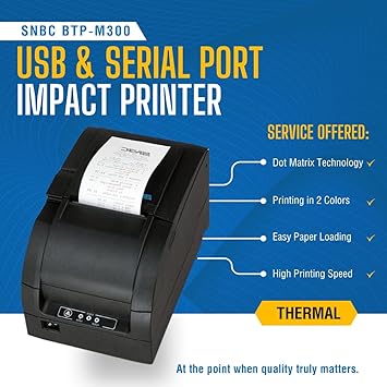 SNBC 132081 Model BTP-M300 Impact Receipt Printer with USB and Serial Interface, Black, Fast 4.7 Lines per Second Print Speed, Drop and Print Paper Loading, Stores and Prints Logo Images