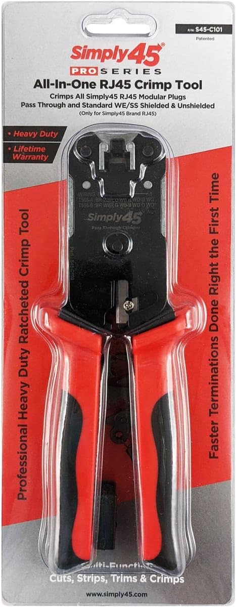 Simply45 ProSeries All-In-One RJ45 Crimp Tool for Pass-Through & Standard WE/SS RJ45 - Includes Tool Lock, Click Socket, Blade Storage, Stripper/Cutter - S45-C101