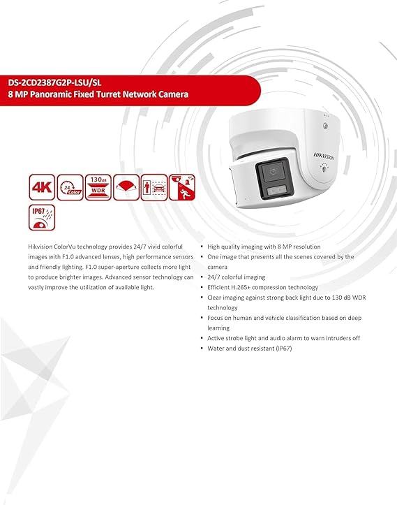 Hikvision DS-2CD2387G2P-LSU/SL ColorVu 8MP Panoramic Turret IP Camera, 4mm Fixed Lens