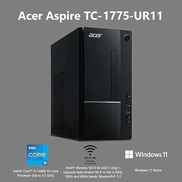Acer Aspire TC-1770-UR11 Desktop | 13th Gen Intel Core i5-13400 10-Core Processor | 8GB 3200MHz DDR4 | 512GB M.2 2280 PCIe Gen 4 SSD | SD Card Reader | Intel Wi-Fi 6E AX211 | Windows 11 Home,Black