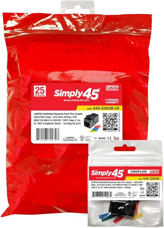 Simply45 S45-3260B-25 Cat6 UTP Black Keystone Feed-Thru Coupler - 25-Pack
