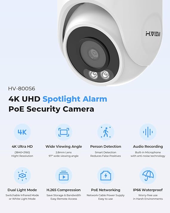 H.VIEW 4K Home Security Camera System Poe 8mp 6 Pcs IP Dome CCTV Camera Kits, 4K PoE Cameras Home Surveillance Wired Outdoor, 8CH NVR 4TB HDD with Audio,Smart AI Detection