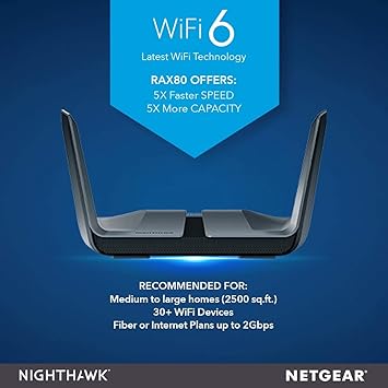 NETGEAR Nighthawk AX8 AX6000 WiFi Router - 8-Stream, Dual Band, 6 Ethernet Ports, Wi-Fi 6, 1024 QAM, 160MHz Channel Support, Multi-Gig Internet Ready