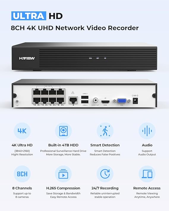 H.VIEW 4K Home Security Camera System Poe 8mp 6 Pcs IP Dome CCTV Camera Kits, 4K PoE Cameras Home Surveillance Wired Outdoor, 8CH NVR 4TB HDD with Audio,Smart AI Detection