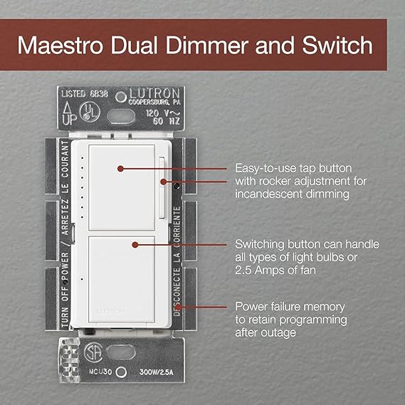 Lutron Maestro Dual Digital Dimmer and Switch, Only for Incandescent and Halogen Bulbs, 300-Watt Single Pole | MA-L3S25-WH | White