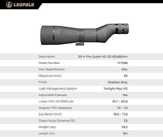 Leupold Optics, SX-4 Pro Guide HD Spotting Scopes - 20-60x85mm, Kit, Straight, Shadow Gray, Tripod Ready, Twilight Max HD Light Management System, Scratch Resistant Lens, Water/Fog Proof