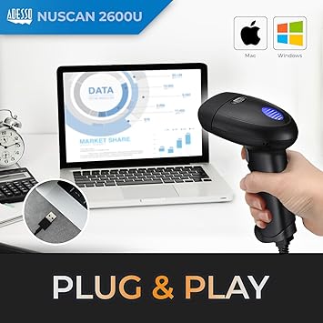 Adesso NuScan 2600U 1D 2D Wired Barcode Scanner with Handheld Bar Code Reader Plug and Play, for Warehouse, Library, Supermarket