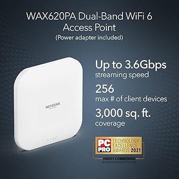 NETGEAR Cloud Managed Wireless Access Point (WAX620PA) - WiFi 6 Dual-Band AX3600 Speed | Up to 256 Client Devices | 802.11ax | Insight Remote Management | PoE+ Powered or Included AC Adapter