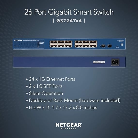 NETGEAR 24-Port Gigabit Ethernet Smart Managed Pro Switch (GS724Tv4) - with 2 x 1G SFP, Desktop/Rackmount, and ProSAFE Lifetime Protection