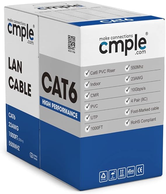 Cmple - Cat6 Network (UTP), 23AWG Bulk LAN Ethernet Cable, CMR, Support 10 Gbps - 550 MHz, 1000 Feet, Black