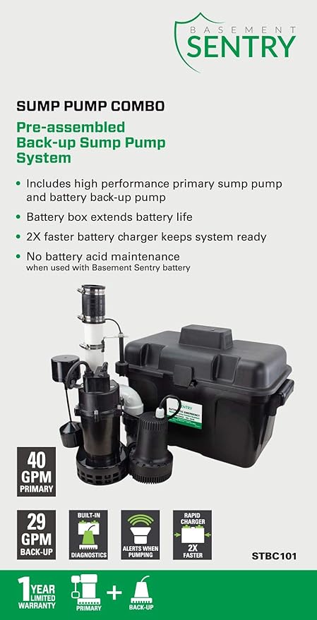 Basement Sentry Battery Backup Sump Pump System Combo (Pre-Assembled) Primary Sump Pump and Battery Back-up Pump, Controller, Alarm System, Charger, Float Switch and Battery Box