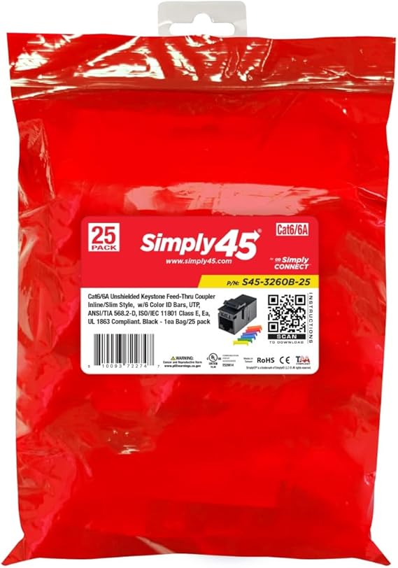 Simply45 S45-3260B-25 Cat6 UTP Black Keystone Feed-Thru Coupler - 25-Pack