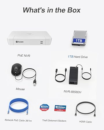 Swann 4K 8Channel Security Camera System NVR Recorder: nvr-8580 Security PoE NVR Box with 1TB HDD,24/7 Continuous Recording,Work with Swann IP 12MP/4K/5MP/4MP HD Cameras, SRNVR-88580WH