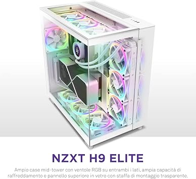 NZXT H9 Elite CM-H91EW-01 Dual-Chamber ATX Mid-Tower PC Gaming Case Includes 3 x 120mm F120 RGB Duo Fans with Controller Glass Front, Top & Side Panels 360mm Radiator Support White