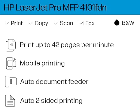 HP Laserjet Pro MFP 4101fdn Printer, Print, scan, Copy, fax, Fast speeds, Easy Setup, Mobile Printing, Advanced Security, Best for Small Teams, Ethernet/USB only