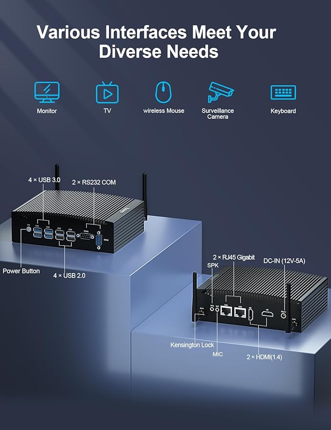 Baieyu Mini Computer 8GB RAM DDR4 128GB SSD Fanless Industrial Mini PC DDR4 Core i5-7300U Mini Desktop Computer Windows 10 Pro 2 HD RS232 COM Fanless PC Industrial PC Dual Band WiFi&BT4.2