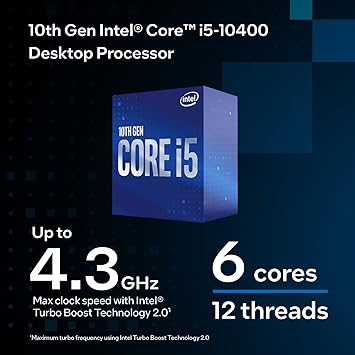 Intel Core i5-10400 Desktop Processor 6 Cores up to 4.3 GHz LGA1200 (Intel 400 Series Chipset) 65W, Model Number: BX8070110400