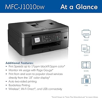 Brother MFC-J10 Series 3-in-1 Printer, Wireless Color Inkjet Printer, Printer, Copy, Scan, Fax - 9.5 ppm, 150 Sheets, 1.8" Color LCD, with Mobile Device and Duplex Printing, with MTC Printer Cable