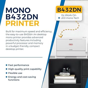 JetSet Label OKI B432dn Monochrome Printer 42ppm OKI Data (62444401) | Includes Software