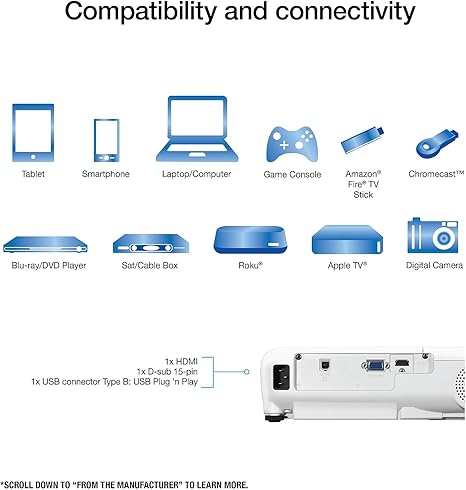 Epson EX3280 3-Chip 3LCD XGA Projector, 3,600 Lumens Color Brightness, 3,600 Lumens White Brightness, HDMI, Built-in Speaker, 15,000:1 Contrast Ratio