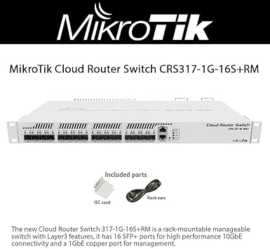 Mikrotik CRS317-1G-16S+RM, 16-Port 10GbE SFP+ Managed Layer 3 Switch, Silver, Metal Case, Compatible with Desktop, Laptop, Server, Network Printer