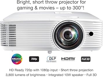 Optoma GT780 Short Throw Projector for Gaming & Movies | HD Ready 720p + 1080p Support | Bright 3800 Lumens for Lights-on Viewing | 3D-Compatible | Speaker Built in
