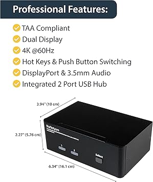 StarTech.com 2-Port DisplayPort KVM Switch - Dual-Monitor - 4K 60 - with Audio & USB Peripheral Support - DP 1.2 - USB Hub (SV231DPDDUA2)