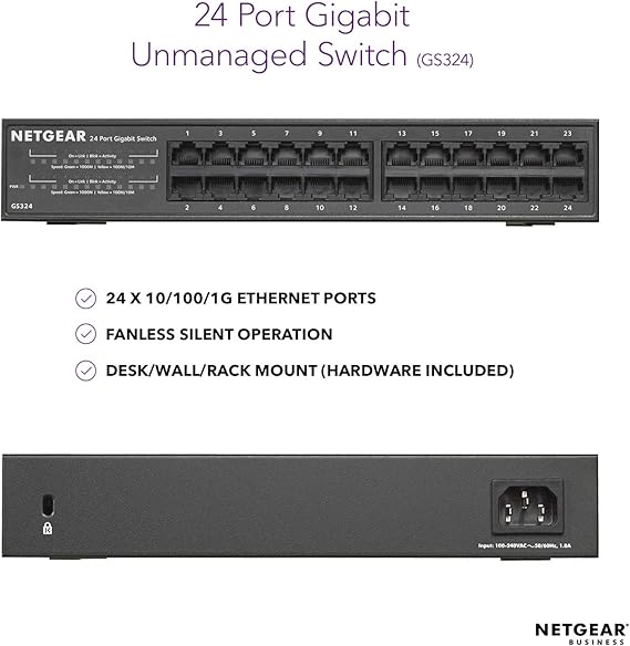 NETGEAR 24-Port Gigabit Ethernet Unmanaged Switch (GS324) - Desktop/Rackmount, Fanless Housing for Quiet Operation Visit the NETGEAR Store 4.6 4.6 out of 5 stars 597 ratings
