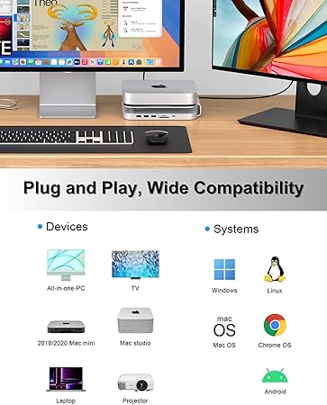 GEWOKLIY Mac mini Studio Dock and Stand, Hub with SSD Enclosure for NVME/SATA M.2, 4K HDMI Adapter 10Gbps USB A/C Port, TF/SD Card Reader, Dock for Mac mini M1/ M2 and Mac Studio 2024 | Accessories