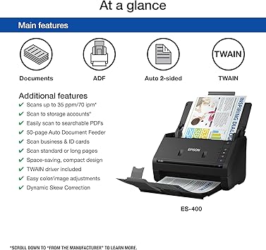 Epson WorkForce ES-400 Colour Duplex Document Scanner for PC and Mac, Auto Document Feeder (ADF)
