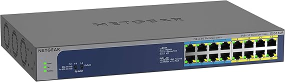 NETGEAR 16-Port Gigabit Ethernet Ultra60 PoE++ Unmanaged Switch with 8 Ports PoE+ and 8 Ports PoE++ and a Total of 380W PoE Budget (GS516UP)