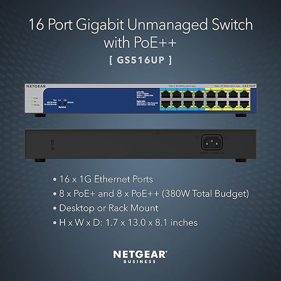 NETGEAR 16-Port Gigabit Ethernet Ultra60 PoE++ Unmanaged Switch with 8 Ports PoE+ and 8 Ports PoE++ and a Total of 380W PoE Budget (GS516UP)