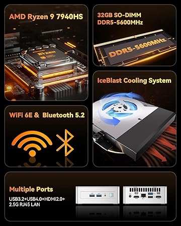 GEEKOM AE7 Mini PC, AMD Ryzen 9 7940HS Processor AI Mini Computer(8C/16T, up to-5.2GHz), 32GB DDR5 RAM & 1TB PCIe 4.0 SSD, Windows 11 Pro Mini Desktop PC with Work, Game, 8K, 2.5GLAN, WIFI6E, BT5.2