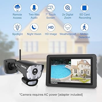 CasaCam VS1002 Wireless Security Camera System with HD Spotlight Cameras and 7" Touchscreen Monitor (2-cam kit)
