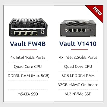 Protectli Vault FW4B - 4 Port, Firewall Micro Appliance/Mini PC - Intel Quad Core (Celeron J3160), AES-NI, Barebone