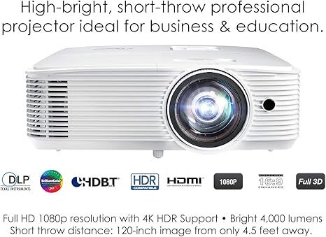 Optoma EH412ST Short Throw 1080P HDR Professional Projector | Super Bright 4000 Lumens | Business Presentations, Classrooms, or Meeting Rooms | 15,000 hour lamp life | Speaker Built In | Portable