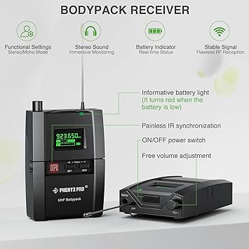 Phenyx Pro UHF Stereo Wireless in Ear Audio Monitor System, Selectable Frequency 900MHz Band, Rack Mountable, 160 ft. Operation, Ideal for Stage, Studio, Exhibit, Lecture, Speech (PTM-10)